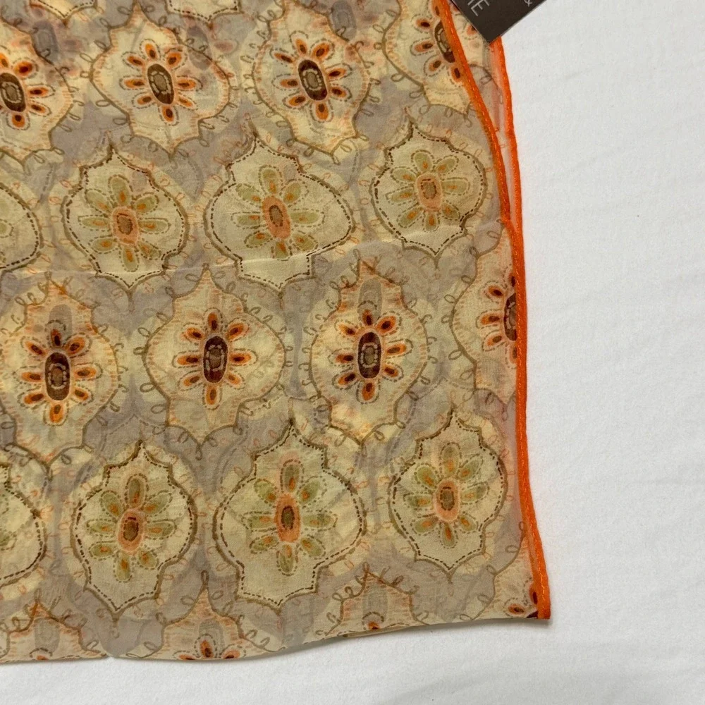 Echo Woman Silk Scarf Orange Tan Medallion Print Square Neck 25x25